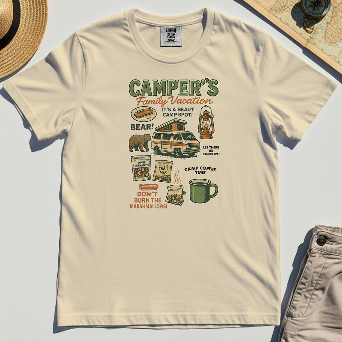 Camper’s Family Vacation Comfort Tee, Funny Outdoor Campfire Coffee Trail Mix Adventure Comfort Color Tee 1