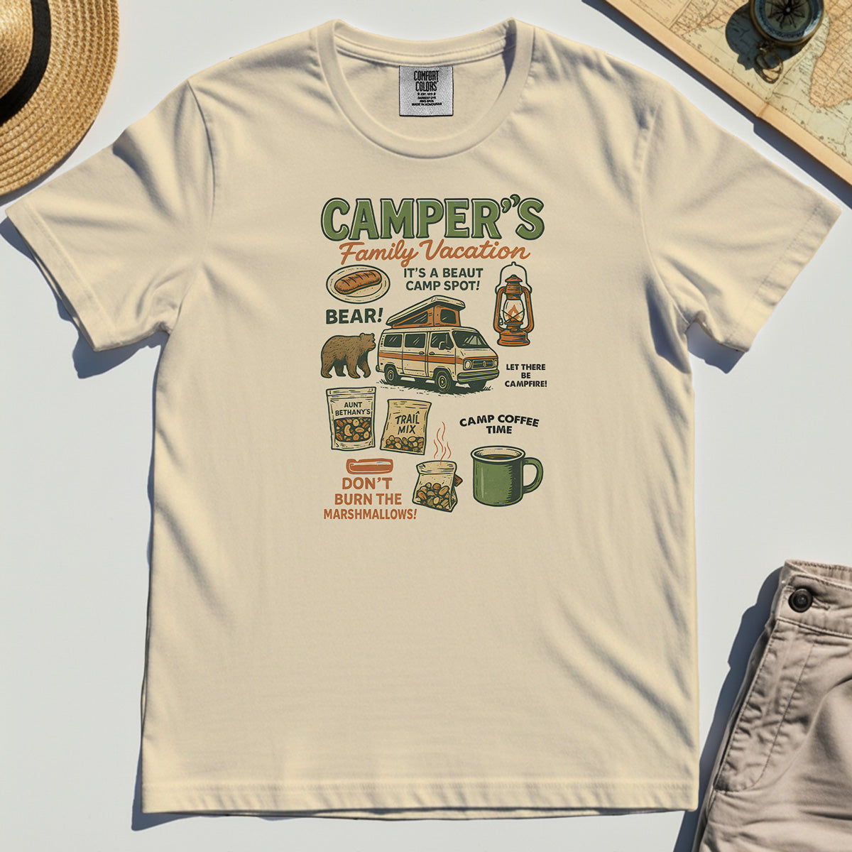 Camper’s Family Vacation Comfort Tee, Funny Outdoor Campfire Coffee Trail Mix Adventure Comfort Color Tee 2