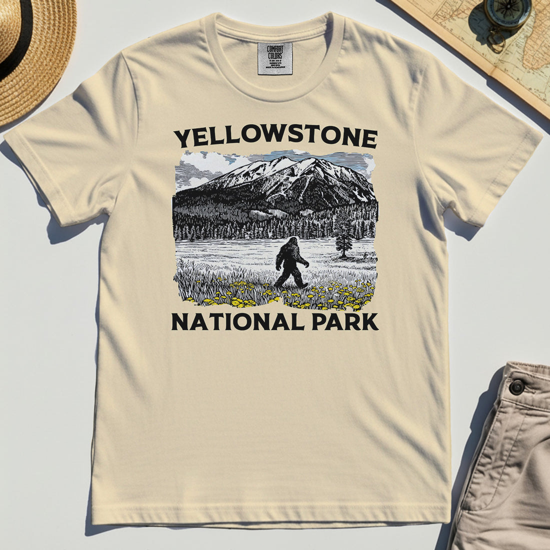 Yellowstone National Park Comfort Color Tee, Bigfoot Hiking Graphic 1
