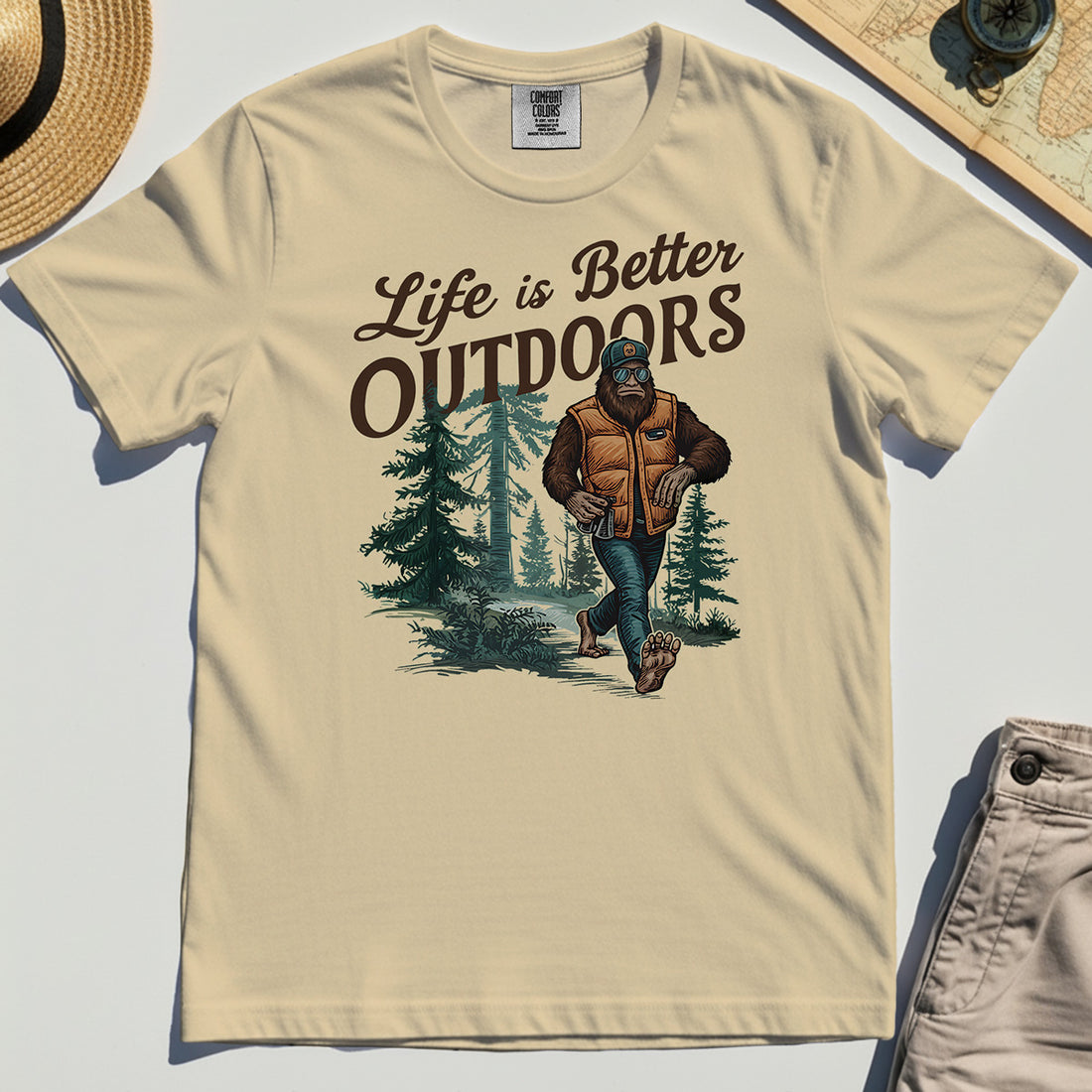 Bigfoot Life Is Better Outdoors Comfort Tee, Retro Camping Graphic Comfort Color Tees For Outdoor Adventurers 1