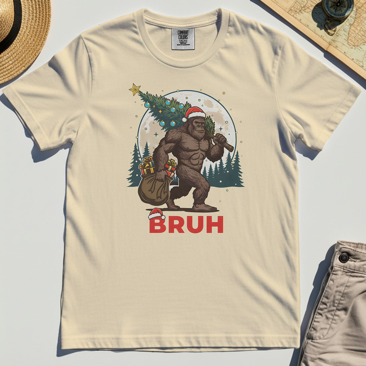 Bigfoot Christmas "BRUH" Comfort Tee, Retro Santa Hat Sasquatch Carrying Christmas Tree Comfort Color Tee 2