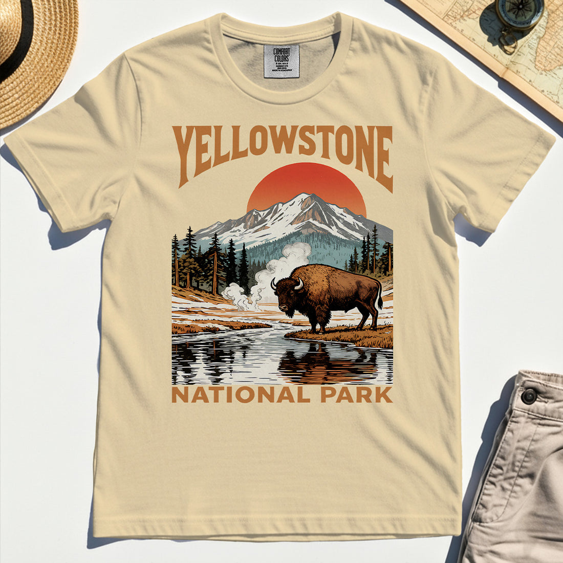 Yellowstone National Park Comfort Tee, Vintage Bison Sunset Mountain Comfort Color Tees For Campers 1