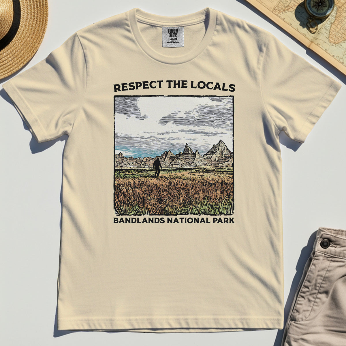 Sasquatch Respect The Locals Comfort Tee, Bigfoot Hiking Through Badlands National Park Comfort Color Tees 2