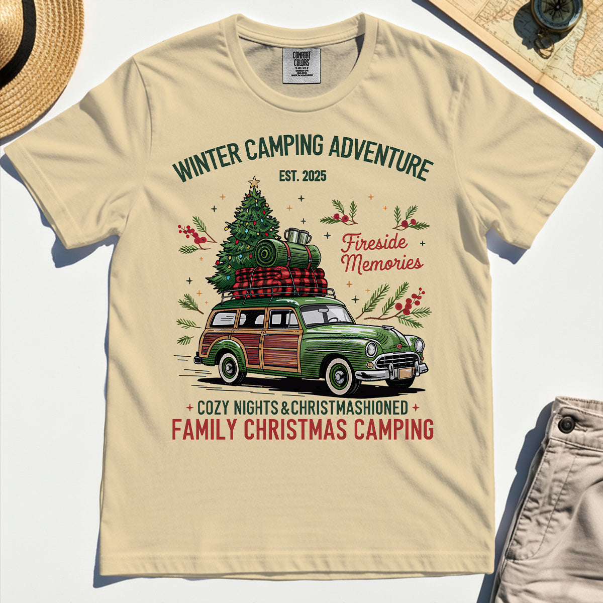 Winter Camping Adventure Comfort Tee, Retro Car with Tree Family Christmas Camping Comfort Color Tee 1