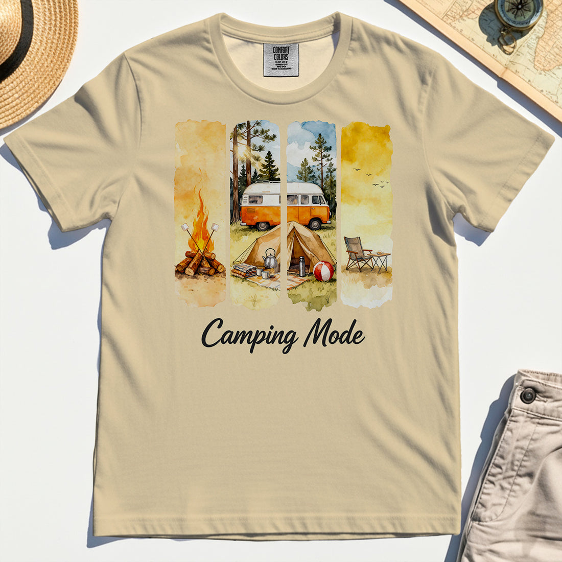 Van Life and Campfire Comfort Tee, Watercolor Campfire and Tent Graphic Comfort Tee For Outdoor Lovers 1
