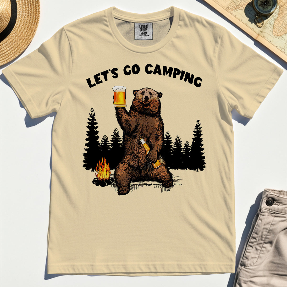 Let’s Go Camping Comfort Tee, Funny Beer Drinking Bear Graphic Comfort Color Tee For Outdoor & Camping Lovers 2