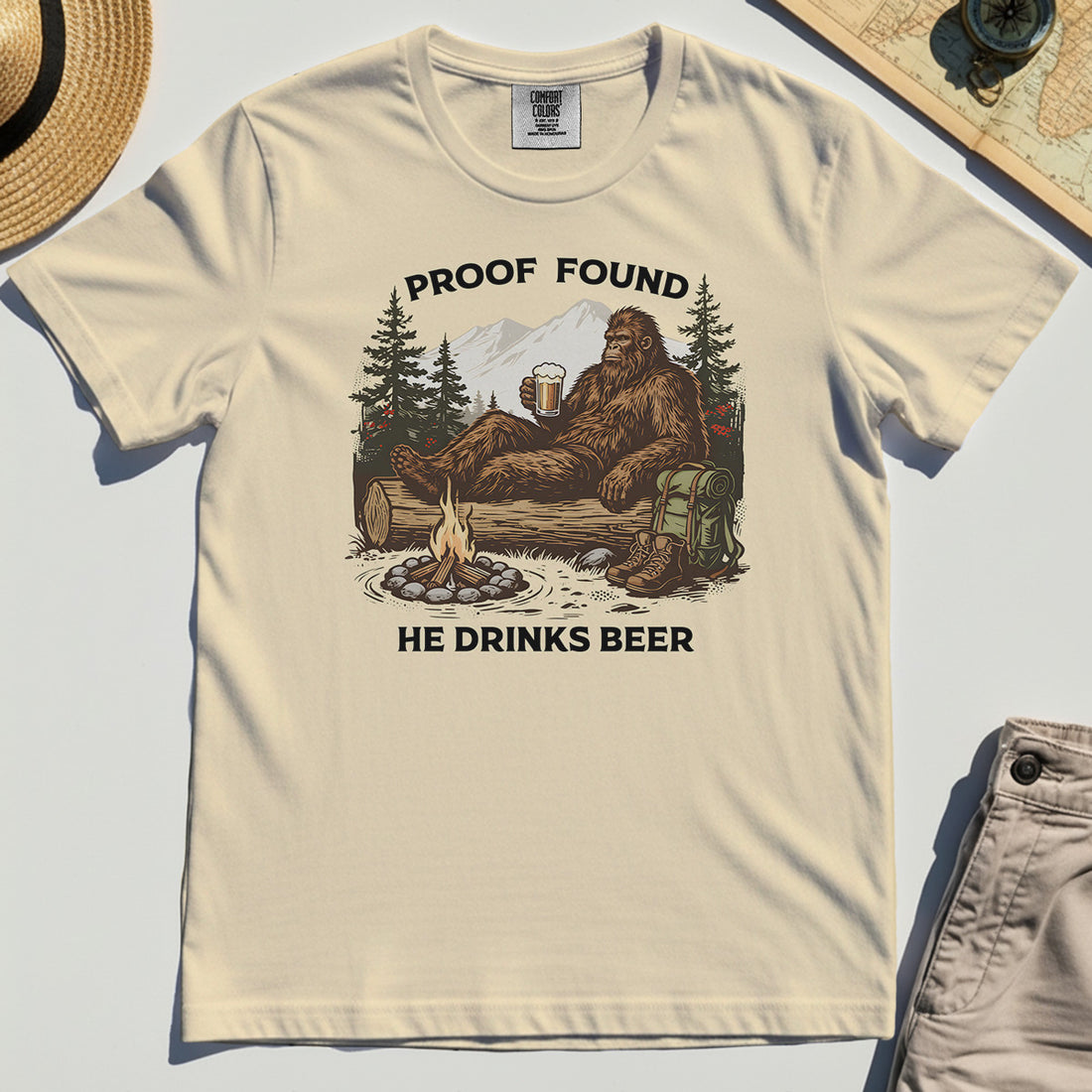 Funny Bigfoot "Proof Found He Drinks Beer" Camping Comfort Tee, Sasquatch Beer Lover Comfort Color Tee For Campers 1
