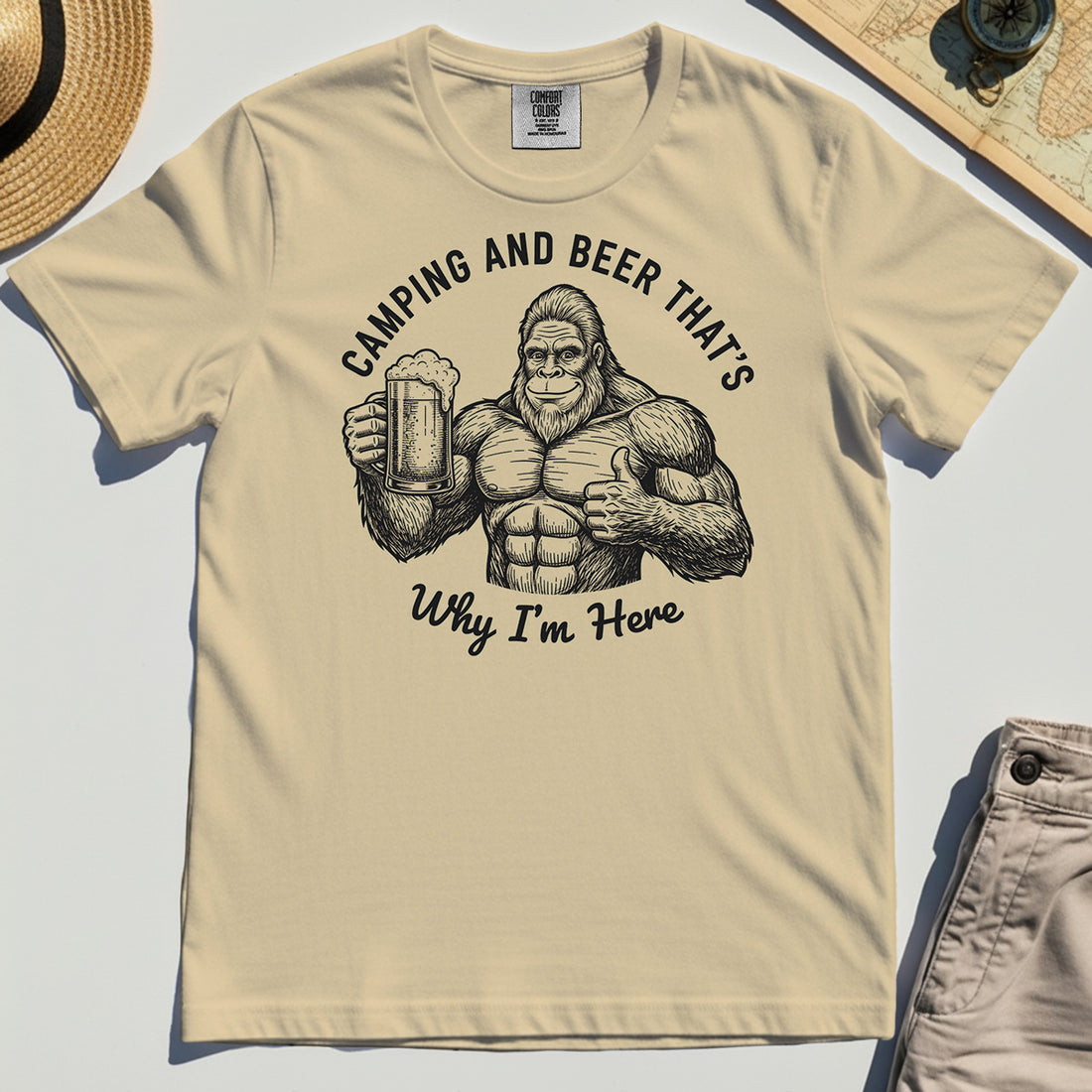 "Camping and Beer That’s Why I’m Here" Funny Bigfoot Camping Comfort Color Tees 1