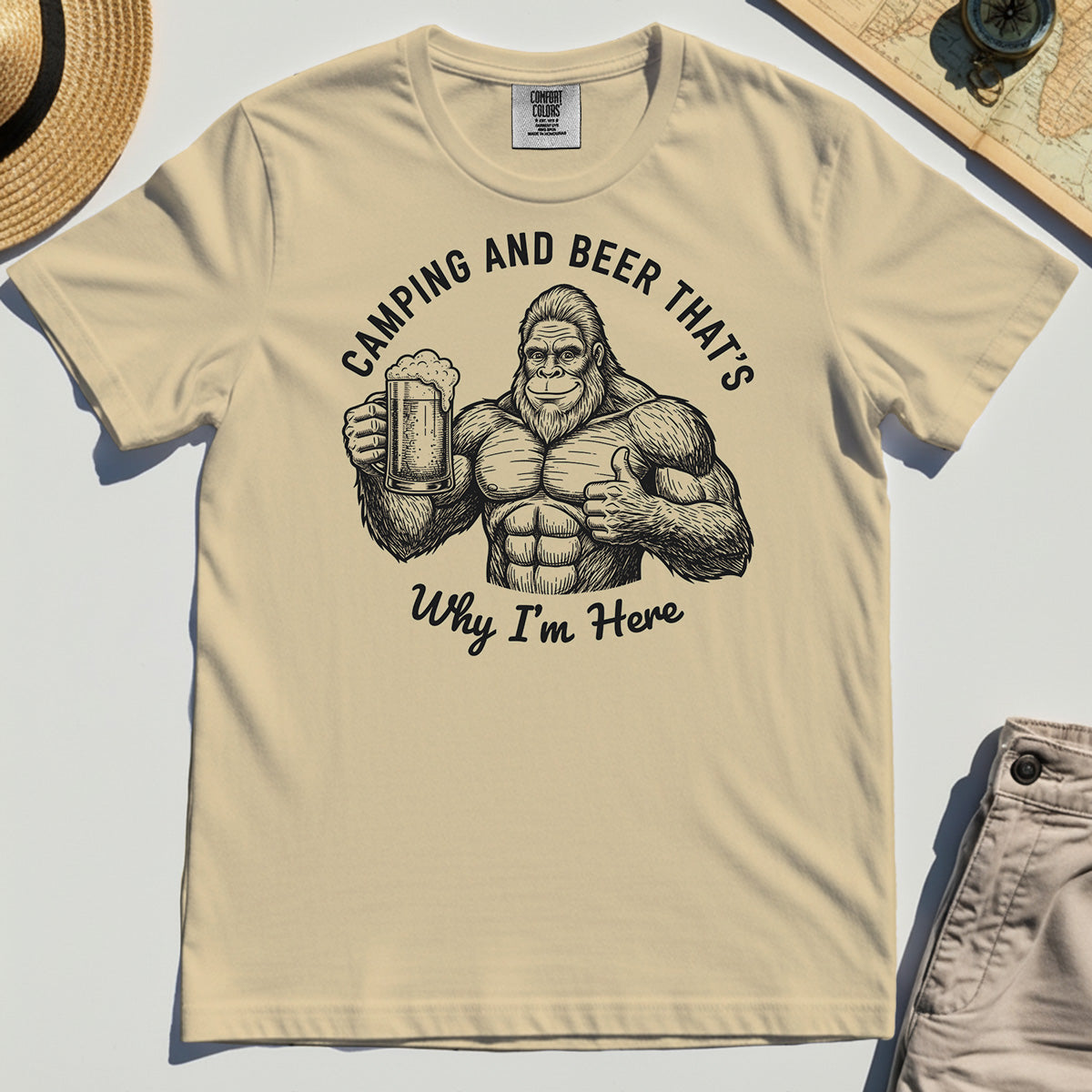 "Camping and Beer That’s Why I’m Here" Funny Bigfoot Camping Comfort Color Tees 1