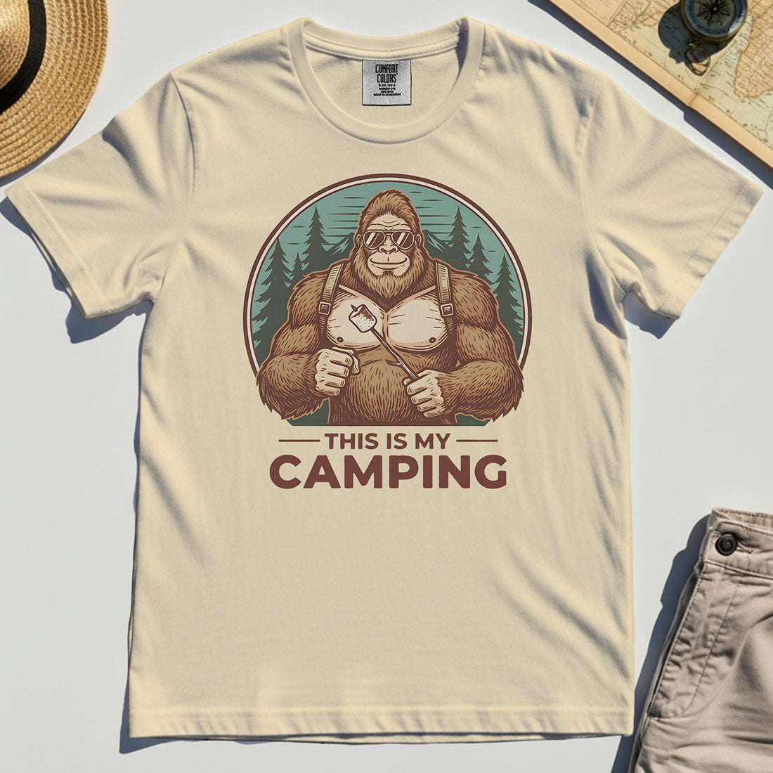 Funny Bigfoot Camping Comfort Tee "This Is My Camping”, Sasquatch With Marshmallow Comfort Tee 1