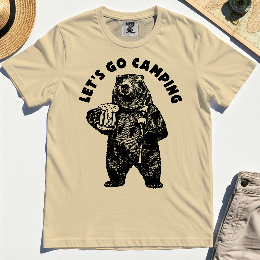Let’s Go Camping Funny Bear Drinking Beer Comfort Tee, Beer Lover Comfort Color Tee For Outdoor Adventure & Camping Fans 1