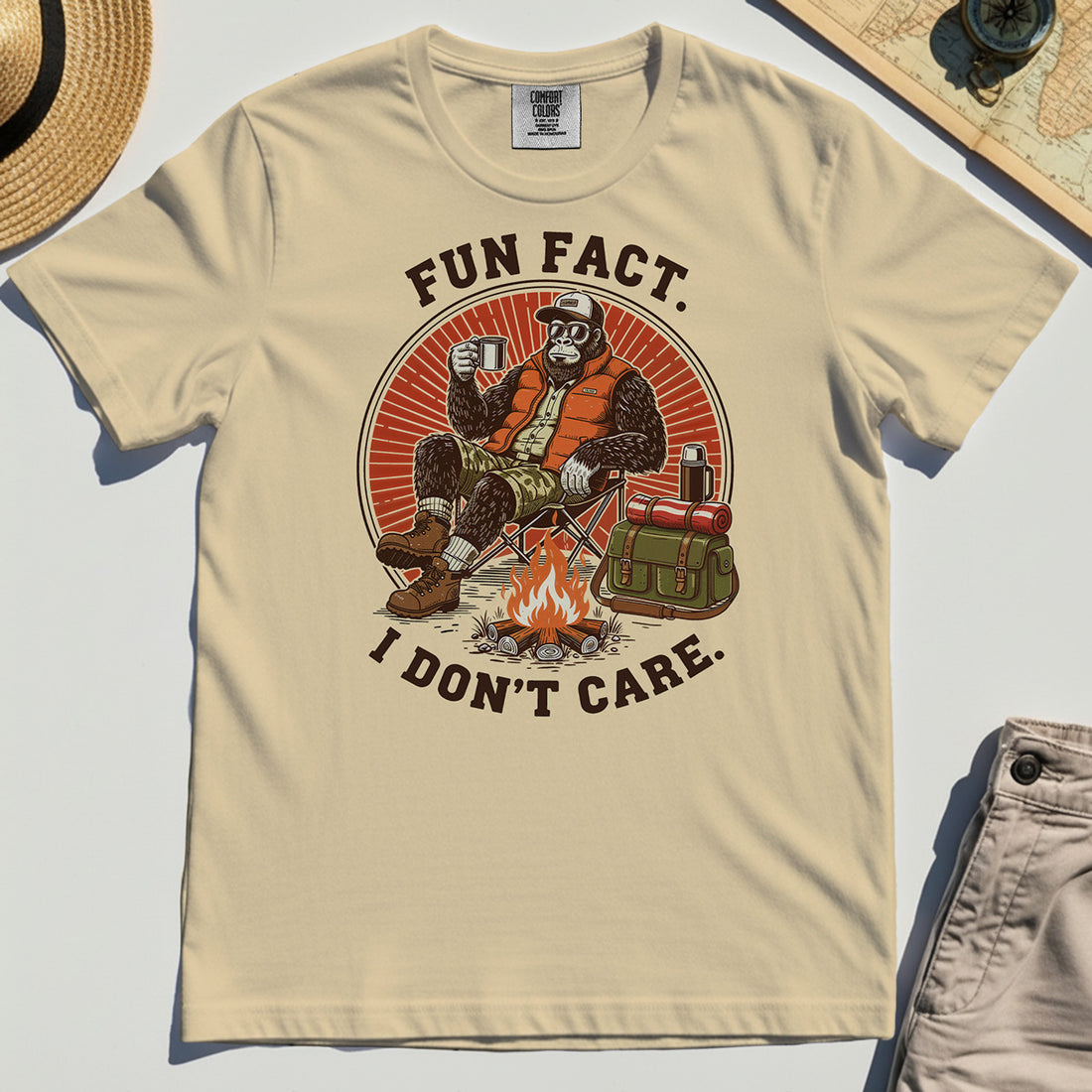 Funny Bigfoot Camping Comfort Tee, "Fun Fact I Don’t Care” 1