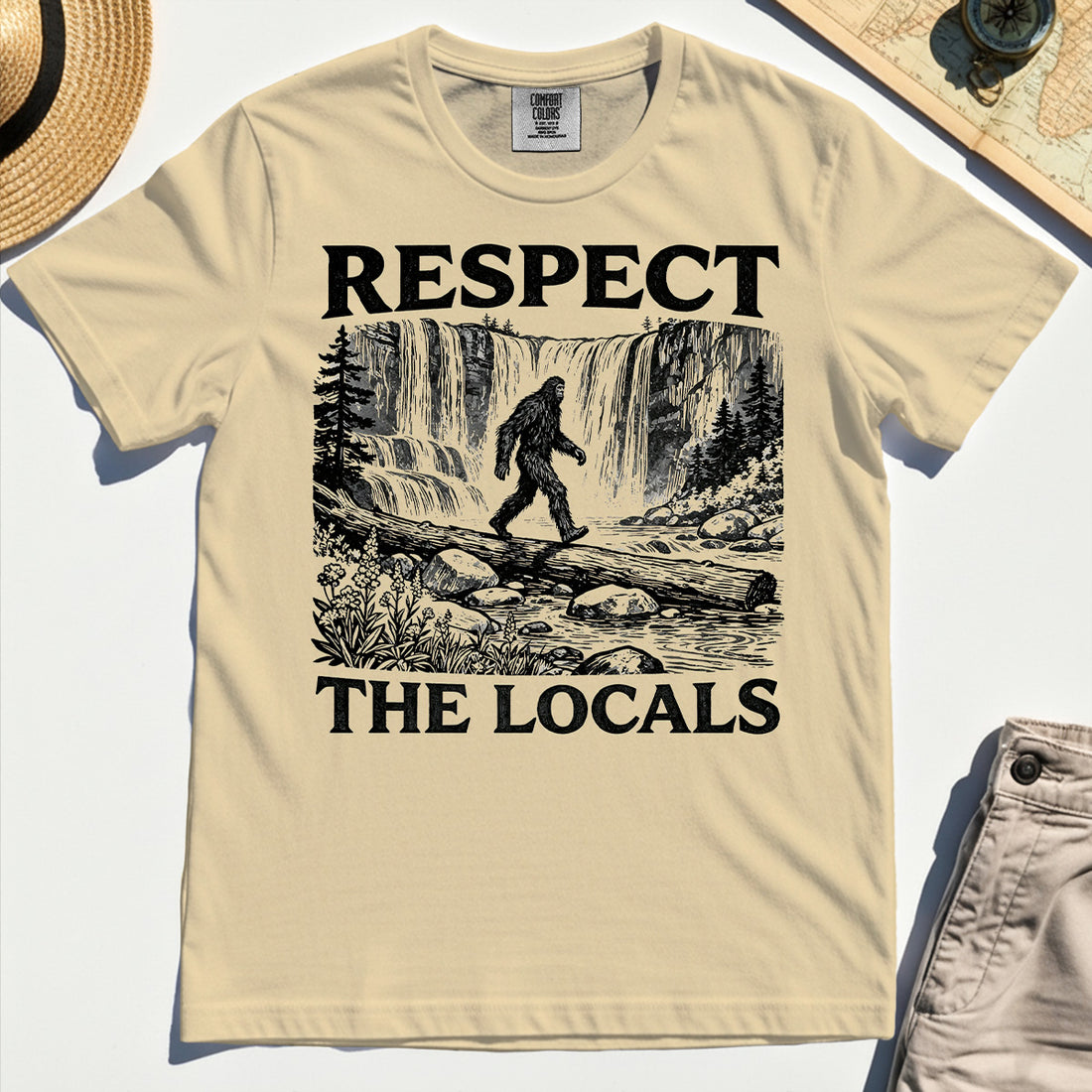 Bigfoot Respect The Locals Comfort Tee, Vintage Waterfall Hiking Graphic Comfort Color Tees For Camper And Adventurers 1