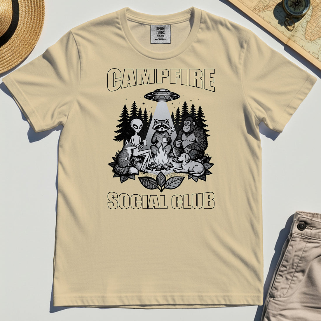 Campfire Social Club With Alien, Bigfoot, UFO And Raccoon Comfort Color Tee 1