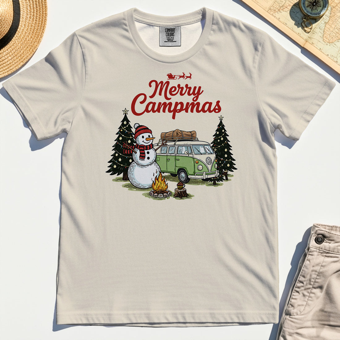 Funny Merry Christmas Camping Comfort Tee, Retro Camper Van Snowman Campfire Comfort Color Tee For Outdoor Lovers 1