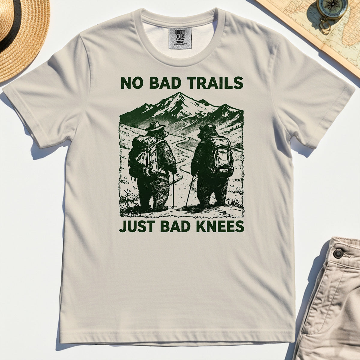 No Bad Trails Just Bad Knees Comfort Tee, Vintage Bear Backpacking Comfort Tees For Campers and Outdoor Enthusiasts 2