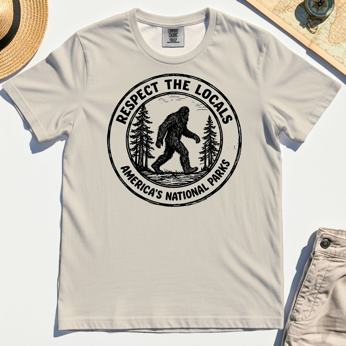Retro Respect the Locals Bigfoot Comfort Tee, Funny Sasquatch National Park Camping Comfort Color Tees 1