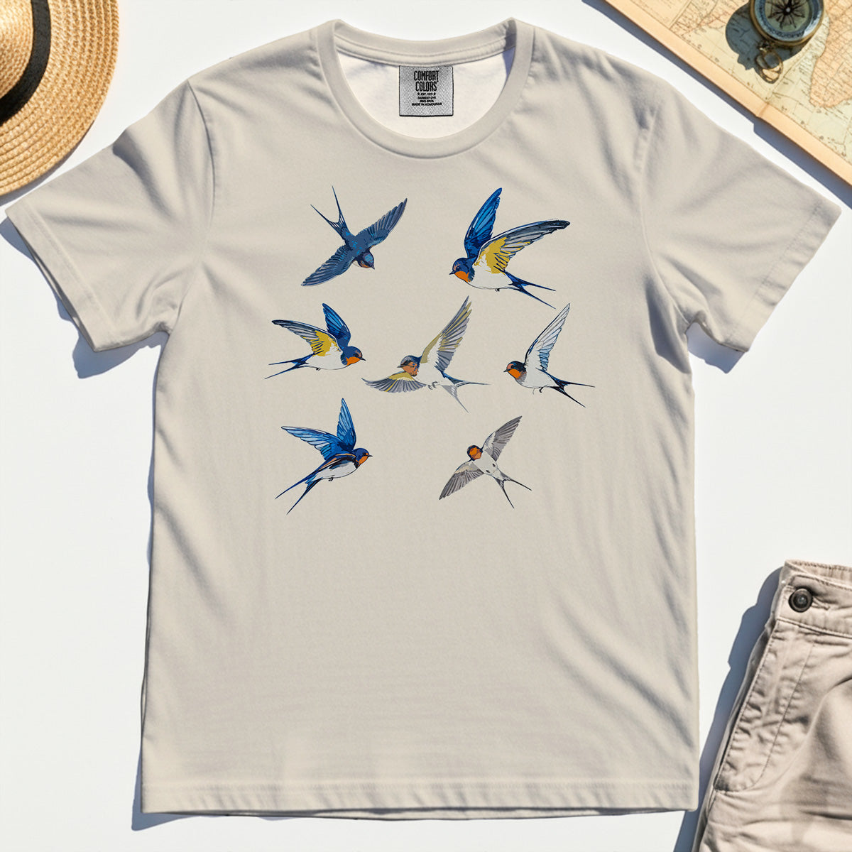 Elegant Flying Swallows Comfort Tee, Minimalist Wildlife Camping Graphic Comfort Tee Gift For Nature Campers 1