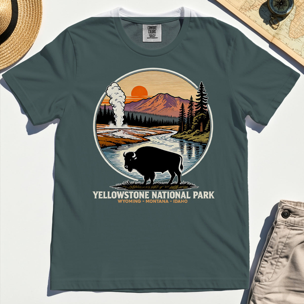 Retro Yellowstone National Park Comfort Tee, Bison Silhouette Outdoor Adventure Comfort Color Tee For Nature Campers 6