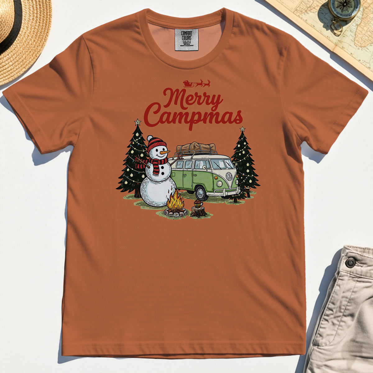 Funny Merry Christmas Camping Comfort Tee, Retro Camper Van Snowman Campfire Comfort Color Tee For Outdoor Lovers 8