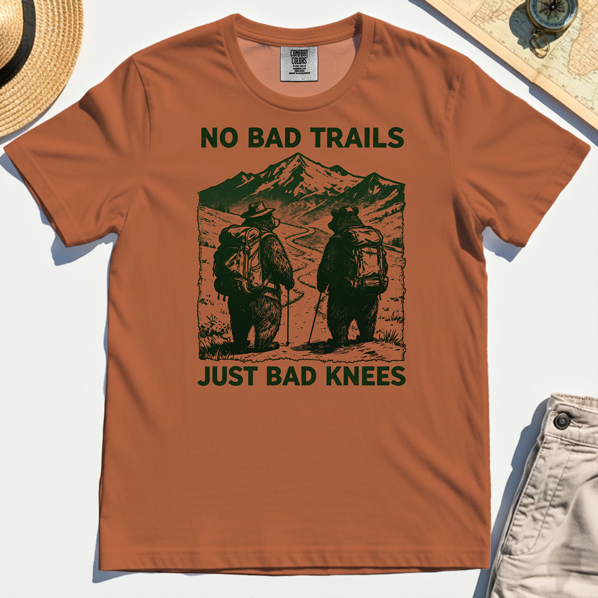 No Bad Trails Just Bad Knees Comfort Tee, Vintage Bear Backpacking Comfort Tees For Campers and Outdoor Enthusiasts 8