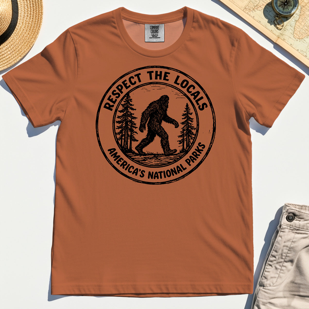 Retro Respect the Locals Bigfoot Comfort Tee, Funny Sasquatch National Park Camping Comfort Color Tees 8