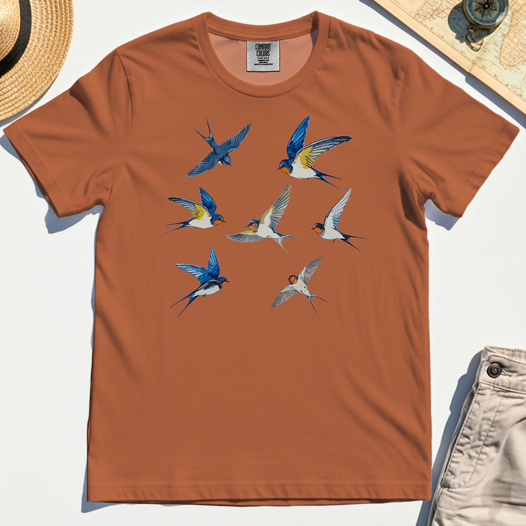 Elegant Flying Swallows Comfort Tee, Minimalist Wildlife Camping Graphic Comfort Tee Gift For Nature Campers 8