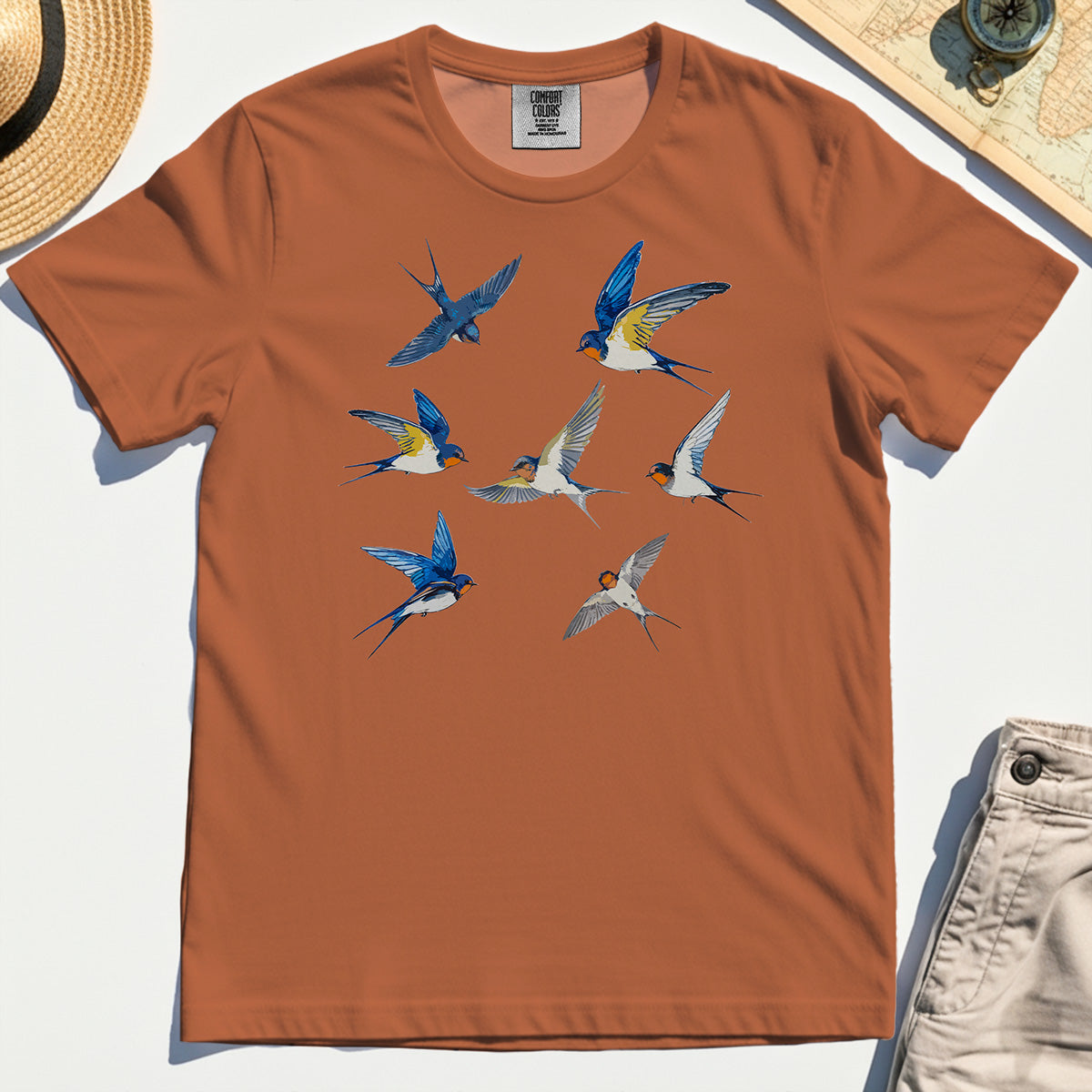 Elegant Flying Swallows Comfort Tee, Minimalist Wildlife Camping Graphic Comfort Tee Gift For Nature Campers 8