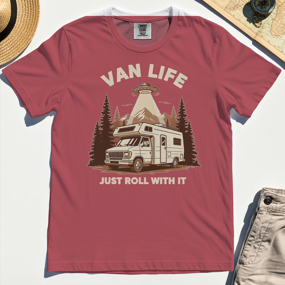 Just Roll With It Comfort Tees, Retro Camper Van Adventure Comfort Color Tee For Camping Lovers 6