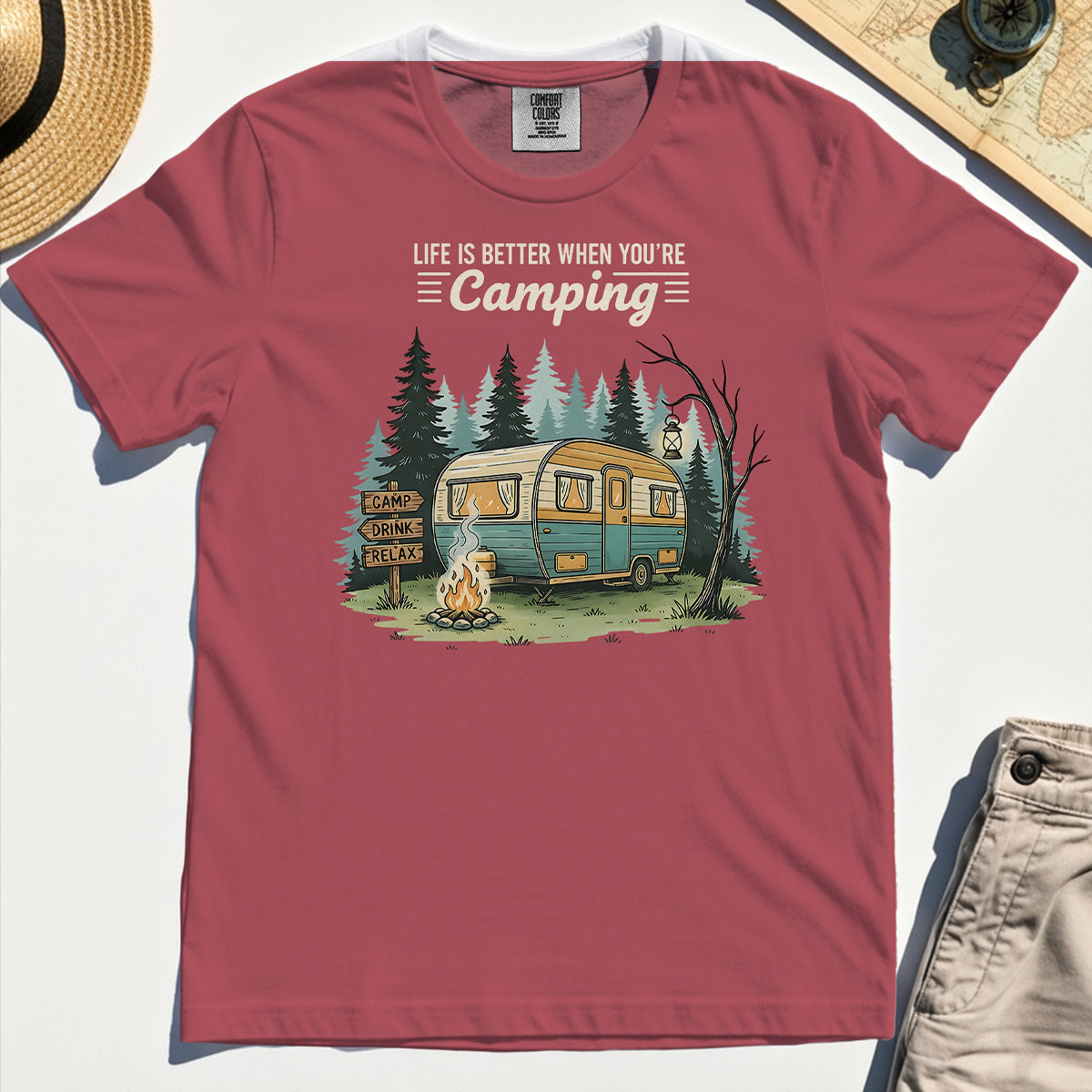 Life Is Better When You’re Camping Comfort Tee, Retro Camper and Campfire Comfort Color Tee For Travelers and Campers 1
