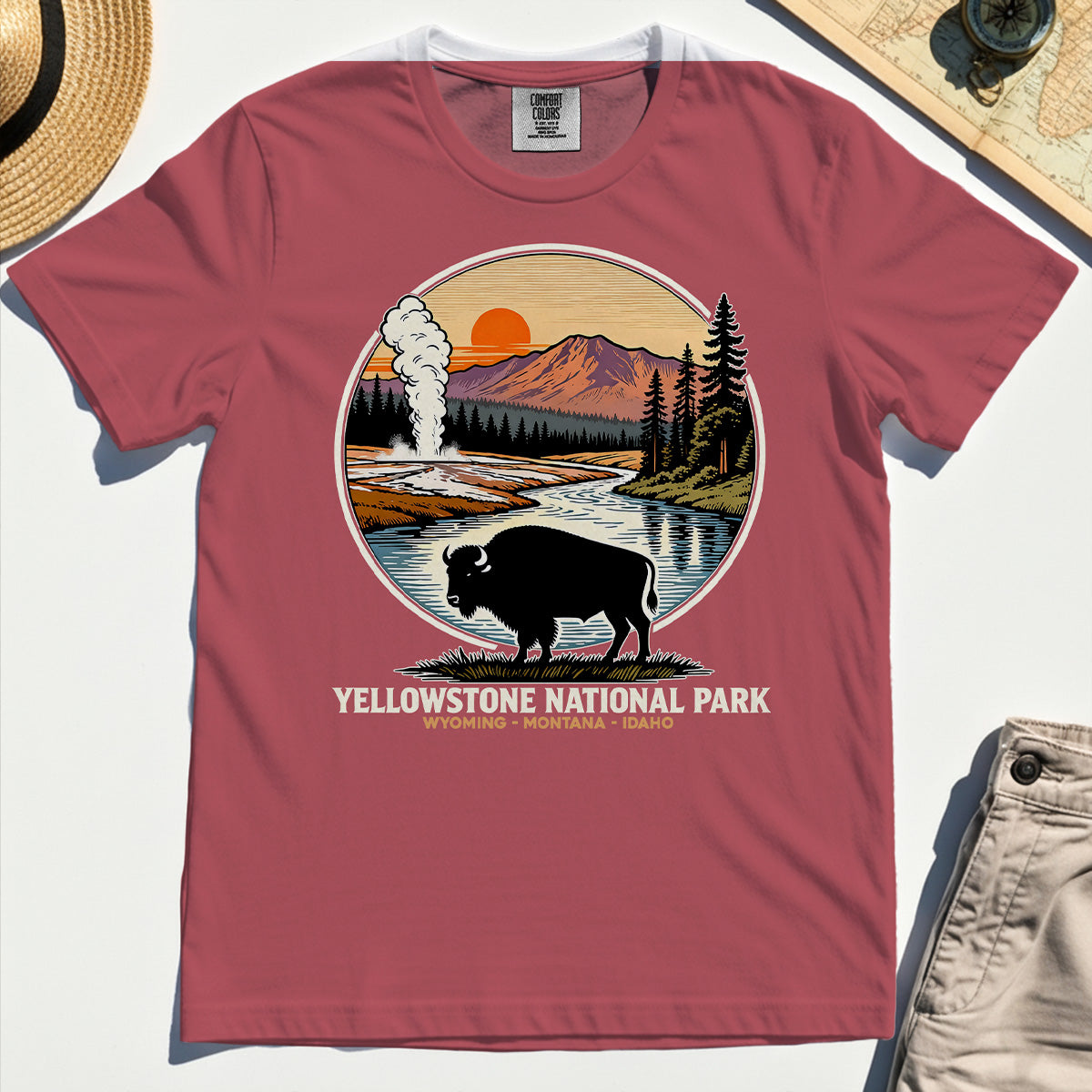 Retro Yellowstone National Park Comfort Tee, Bison Silhouette Outdoor Adventure Comfort Color Tee For Nature Campers 5