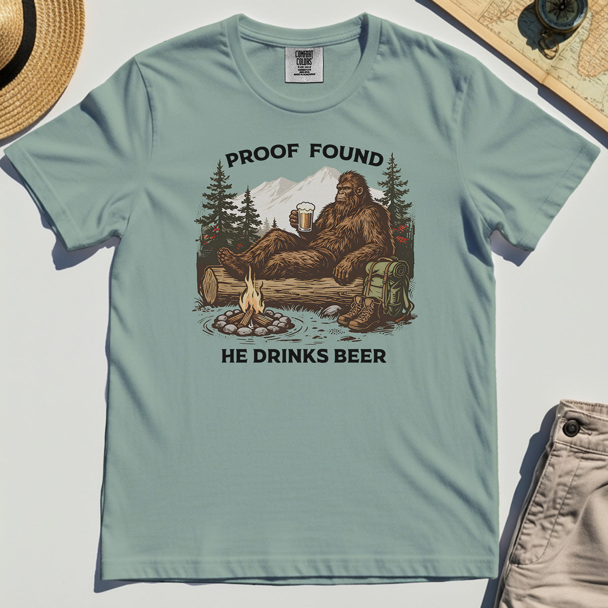 Funny Bigfoot "Proof Found He Drinks Beer" Camping Comfort Tee, Sasquatch Beer Lover Comfort Color Tee For Campers 3