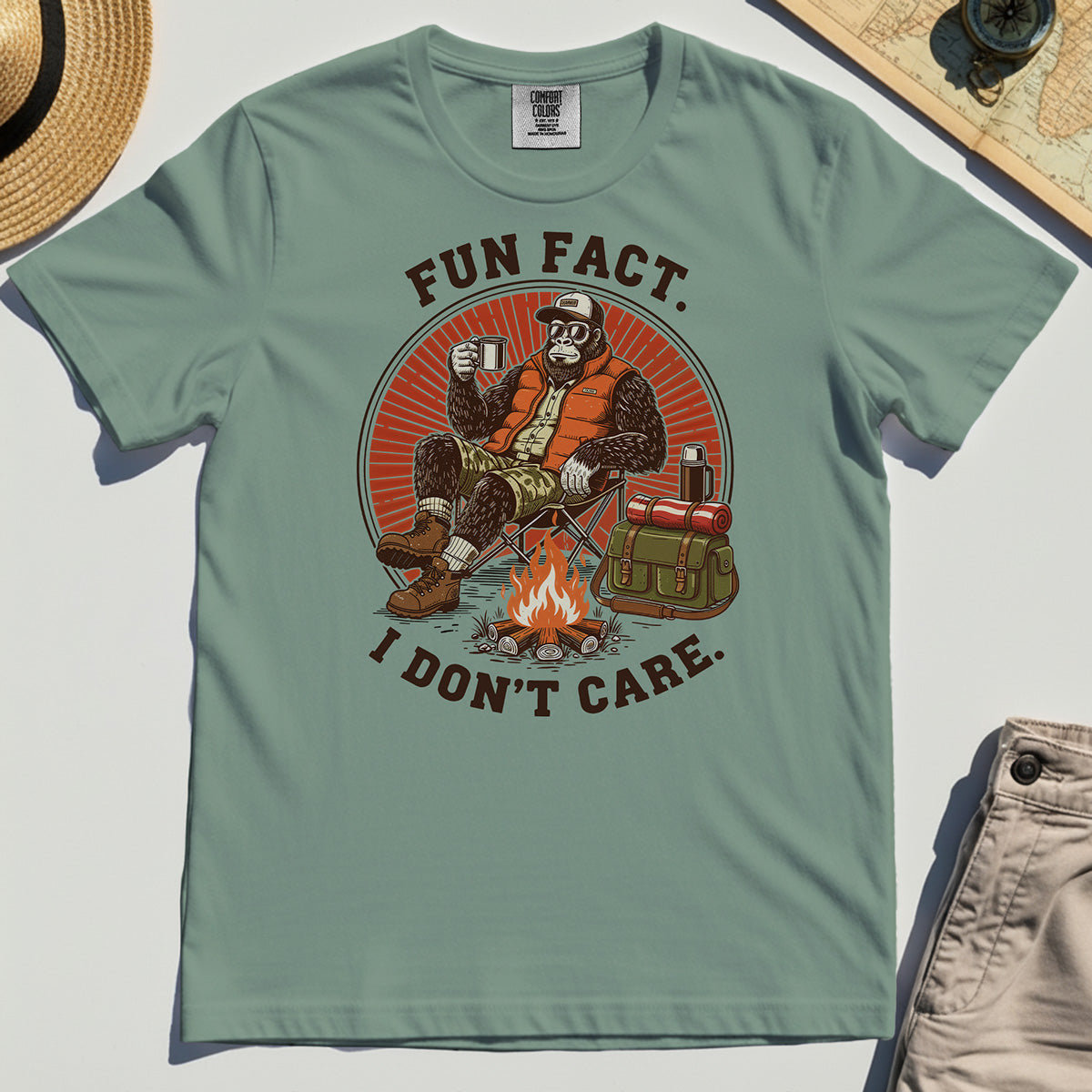 Funny Bigfoot Camping Comfort Tee, "Fun Fact I Don’t Care” 3