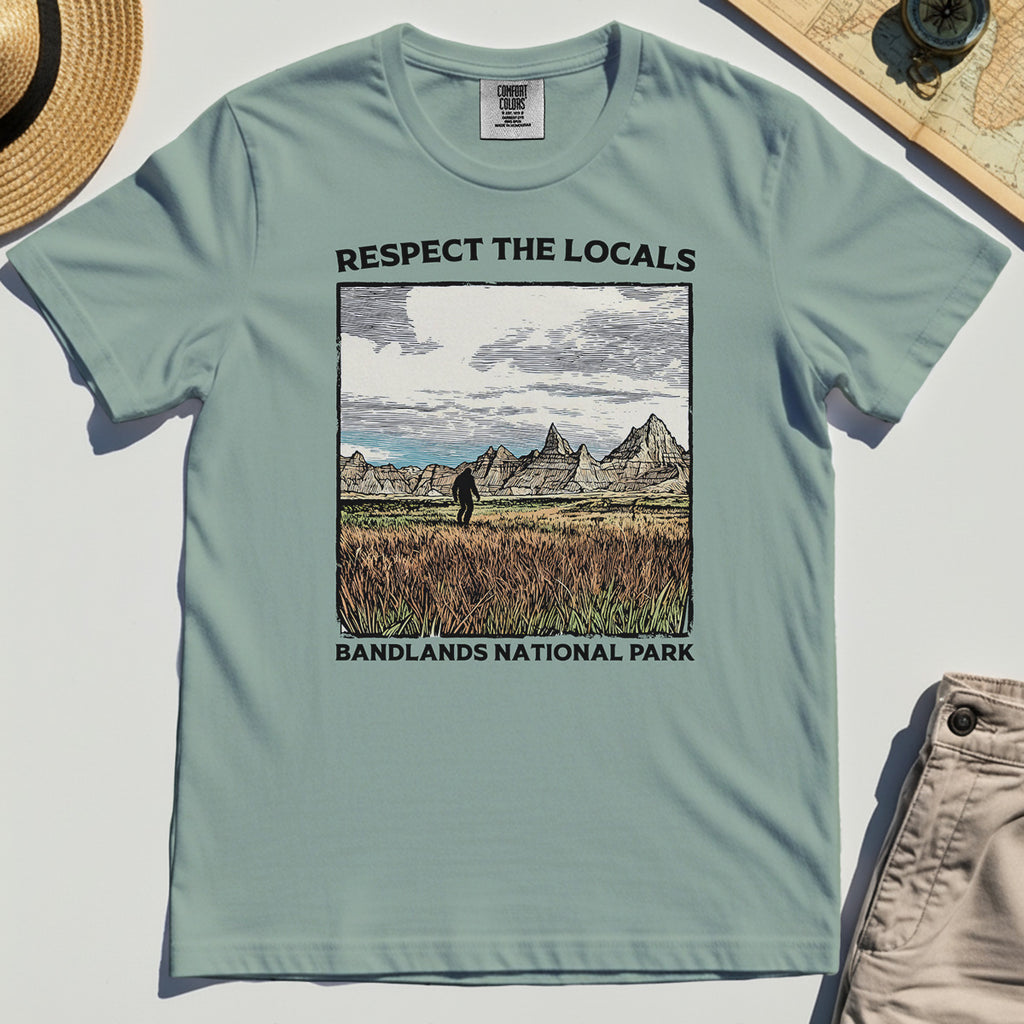 Sasquatch Respect The Locals Comfort Tee, Bigfoot Hiking Through Badlands National Park Comfort Color Tees 3