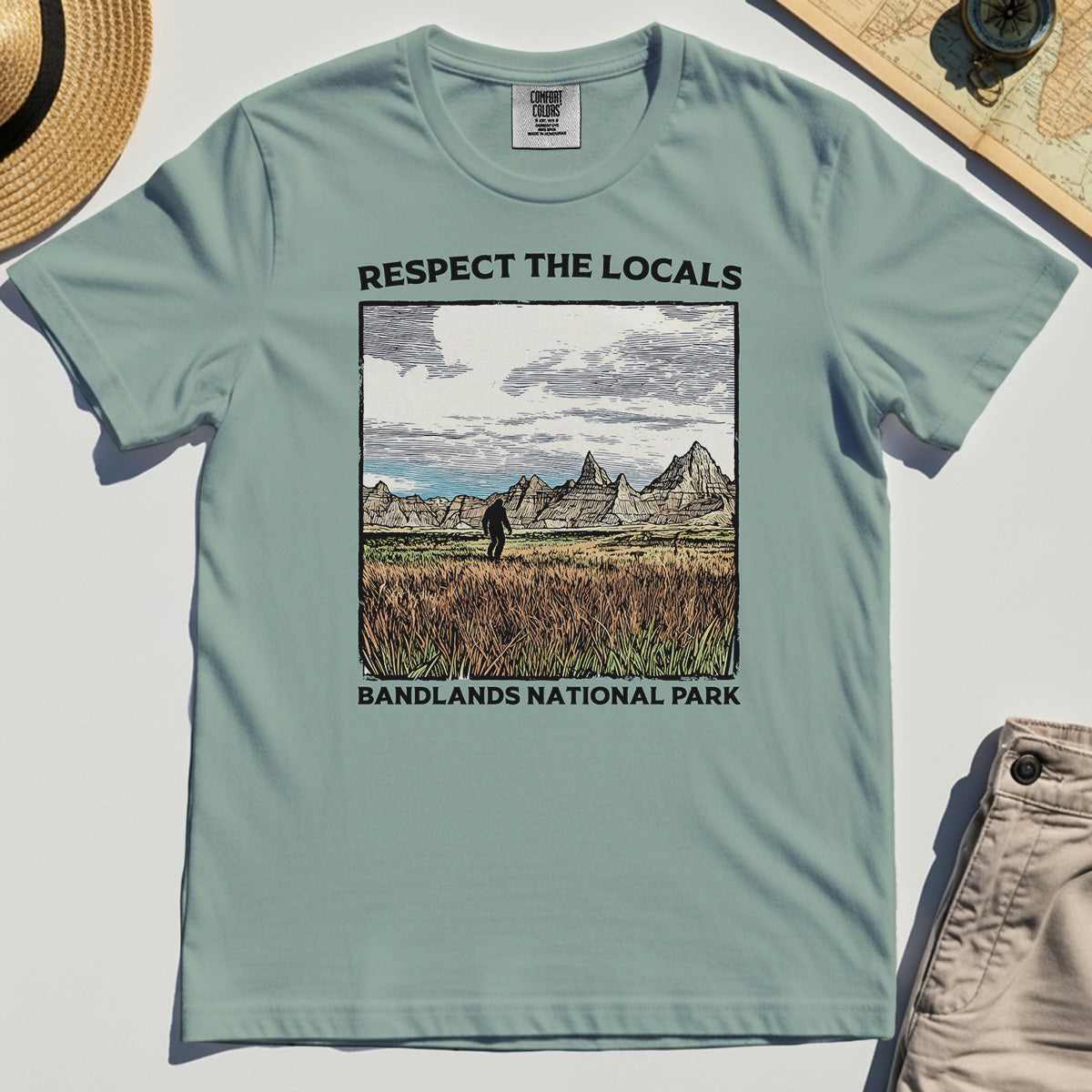 Sasquatch Respect The Locals Comfort Tee, Bigfoot Hiking Through Badlands National Park Comfort Color Tees 3