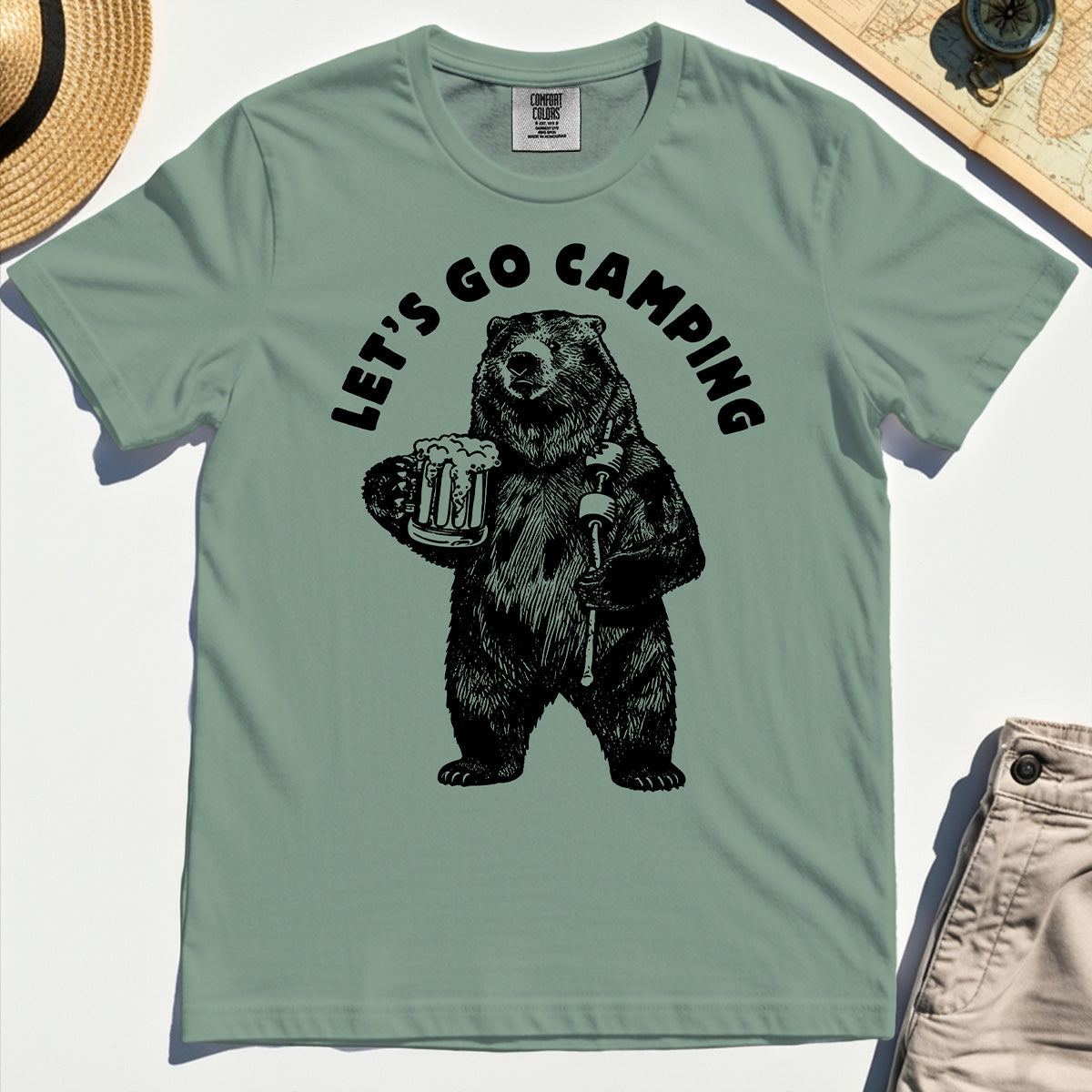Let’s Go Camping Funny Bear Drinking Beer Comfort Tee, Beer Lover Comfort Color Tee For Outdoor Adventure & Camping Fans 3