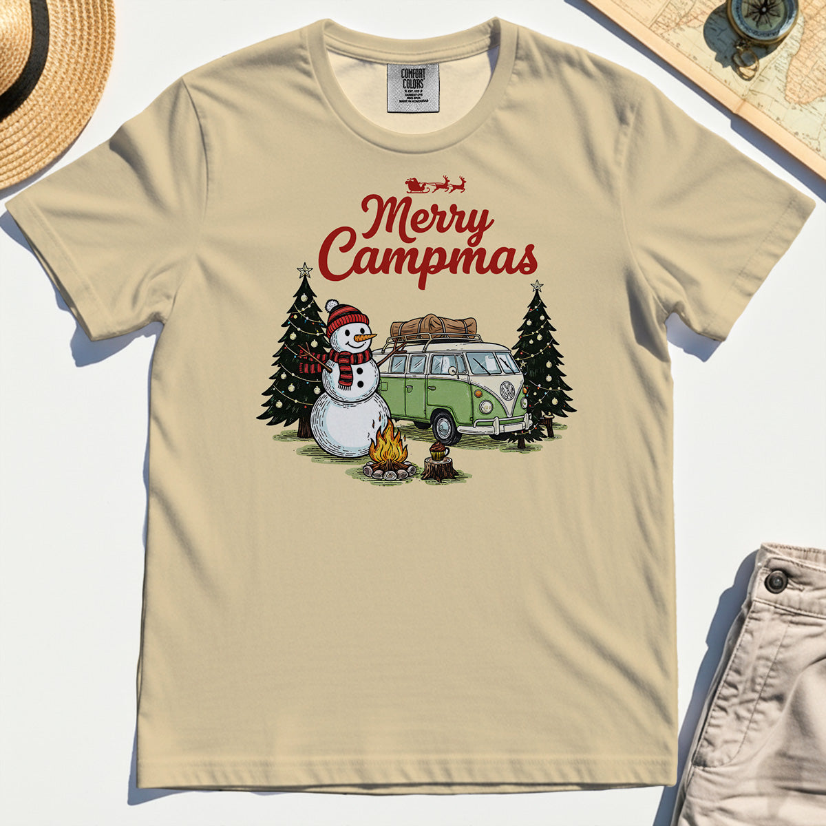 Funny Merry Christmas Camping Comfort Tee, Retro Camper Van Snowman Campfire Comfort Color Tee For Outdoor Lovers 3