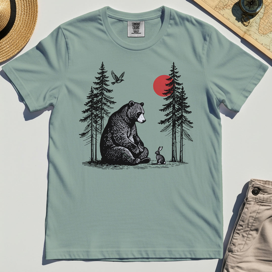 Bear and Bunny Under Red Sun Comfort Tee, Vintage Forest Nature Graphic Comfort Color Tee, Wildlife Art Comfort Tee For Outdoor Lovers 1