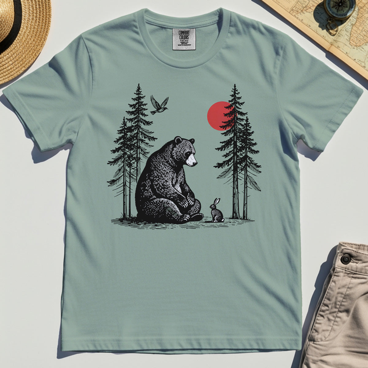 Bear and Bunny Under Red Sun Comfort Tee, Vintage Forest Nature Graphic Comfort Color Tee, Wildlife Art Comfort Tee For Outdoor Lovers 2