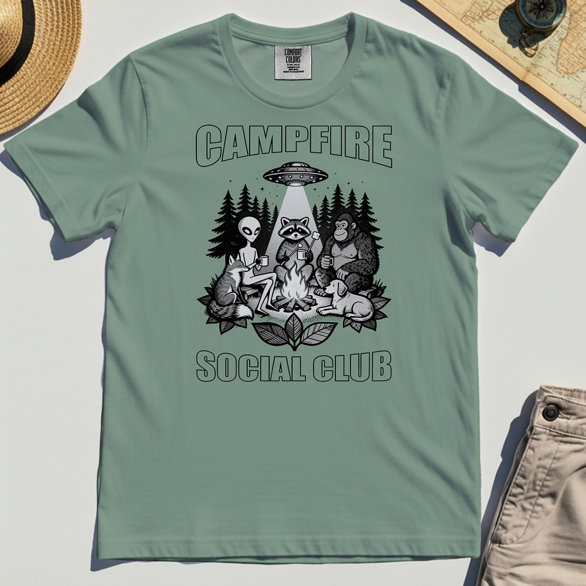 Campfire Social Club With Alien, Bigfoot, UFO And Raccoon Comfort Color Tee 3