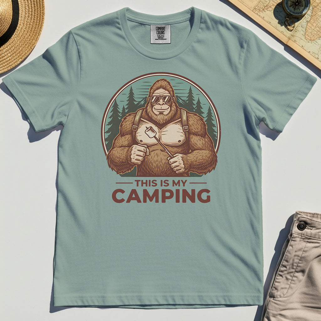 Funny Bigfoot Camping Comfort Tee "This Is My Camping”, Sasquatch With Marshmallow Comfort Tee 3