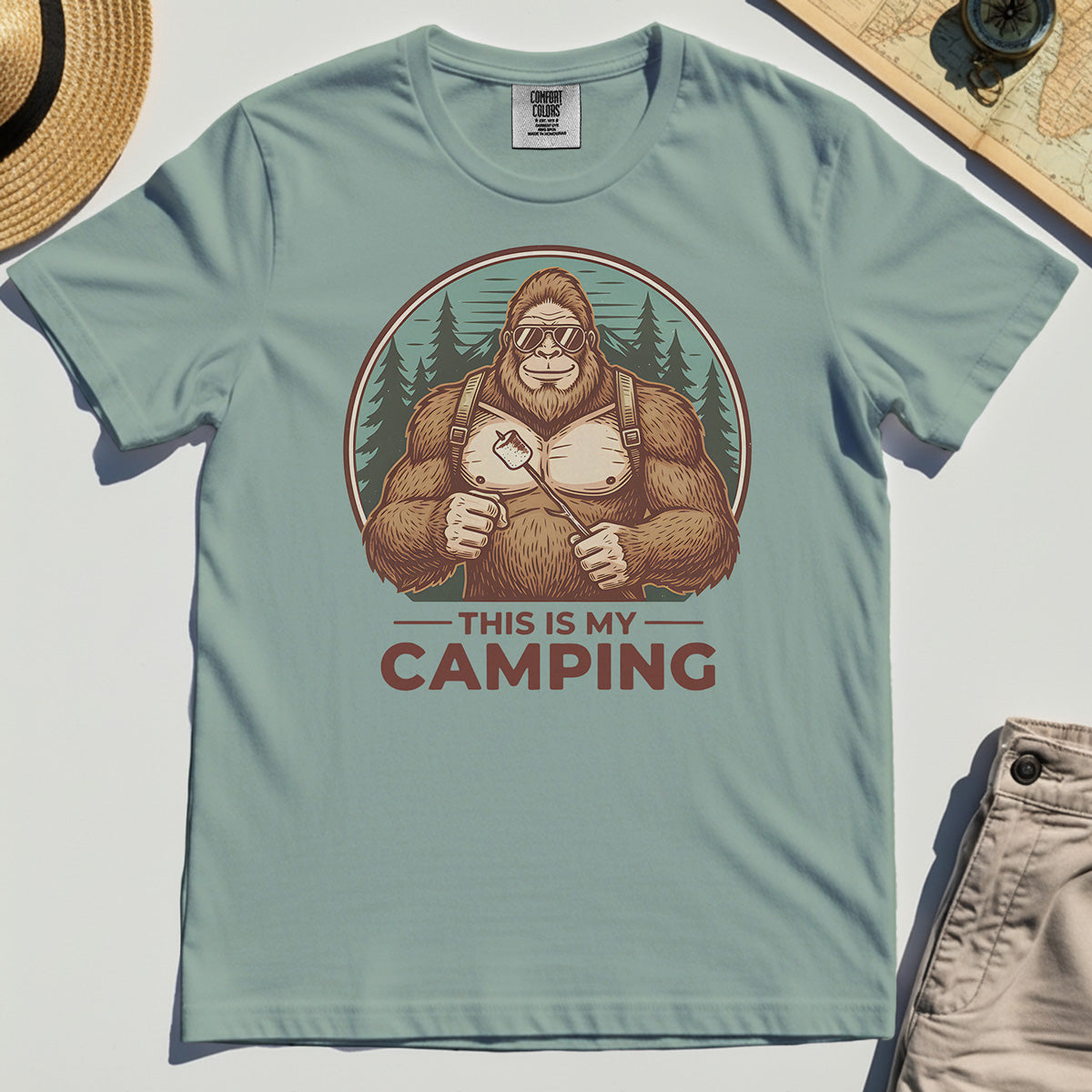 Funny Bigfoot Camping Comfort Tee "This Is My Camping”, Sasquatch With Marshmallow Comfort Tee 3
