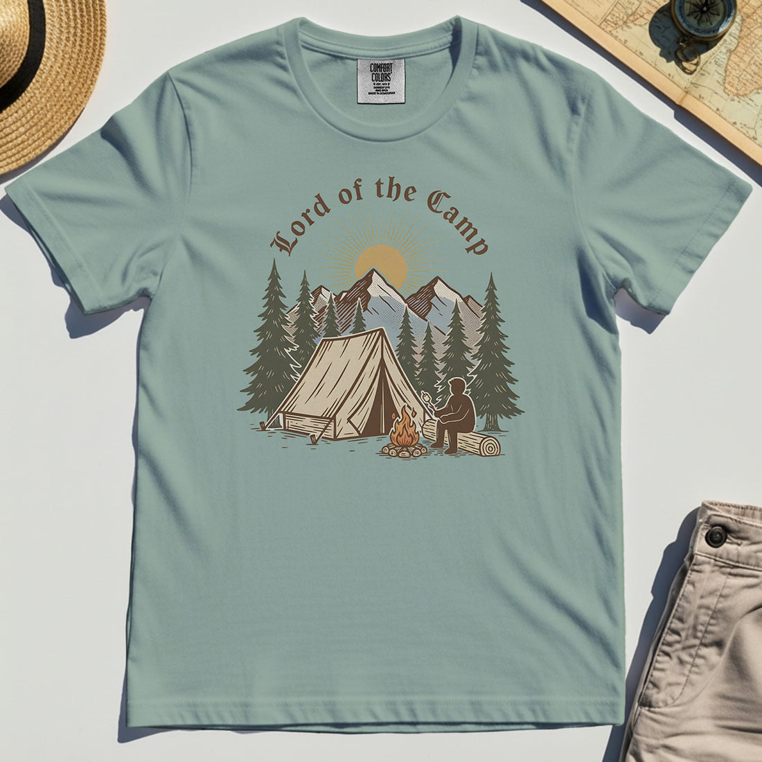 Vintage Lord of the Camp Campfire Comfort Tee, Tent And Campfire Mountain Scene Comfort Color Tee 1