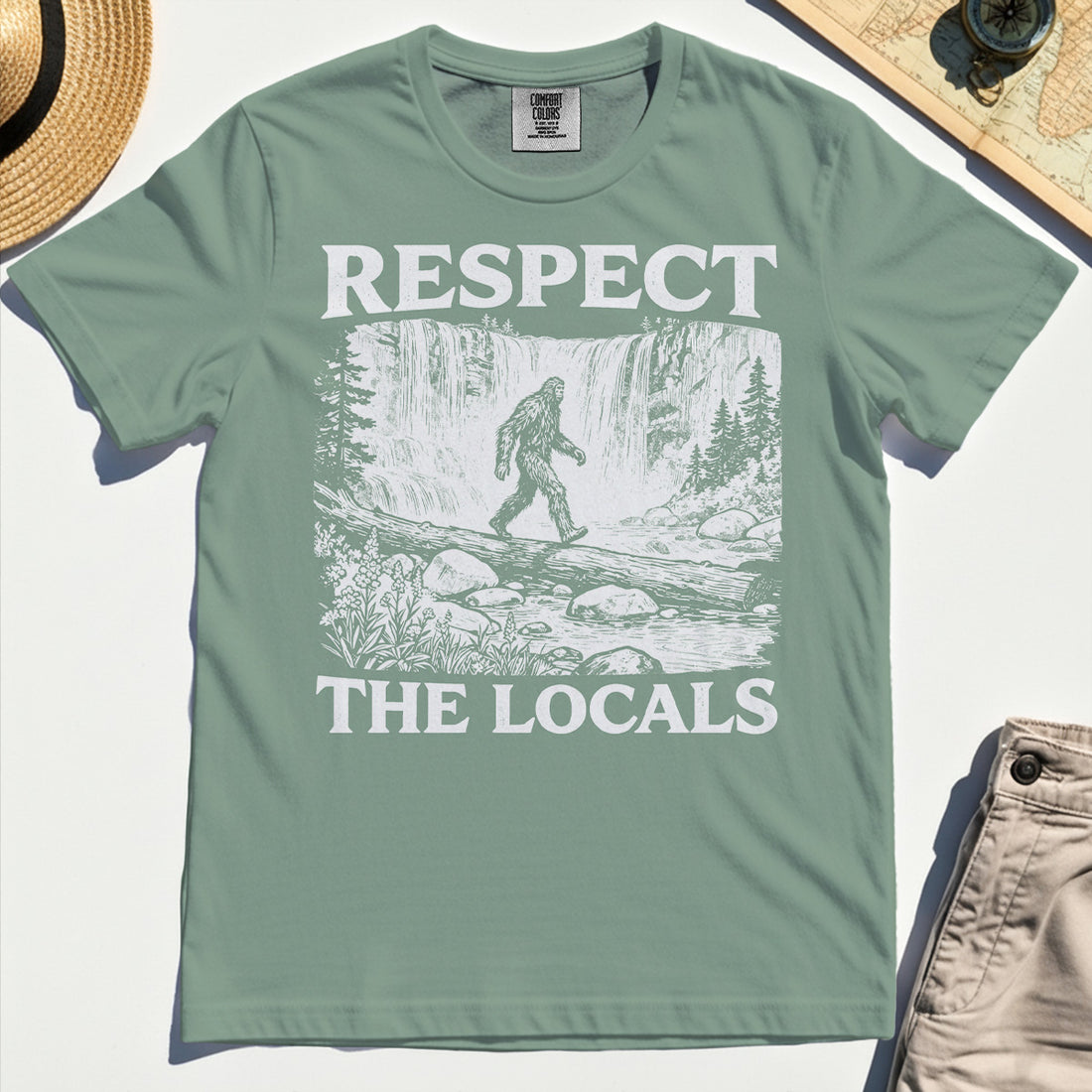Bigfoot Respect The Locals Comfort Tee, Vintage Waterfall Hiking Graphic Comfort Color Tees For Camper And Adventurers 1