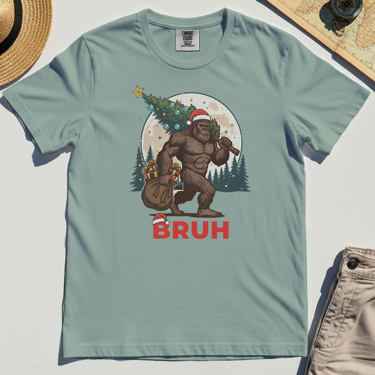 Bigfoot Christmas "BRUH" Comfort Tee, Retro Santa Hat Sasquatch Carrying Christmas Tree Comfort Color Tee 3