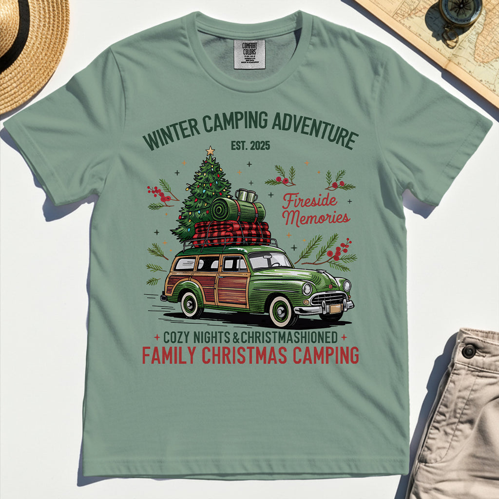 Winter Camping Adventure Comfort Tee, Retro Car with Tree Family Christmas Camping Comfort Color Tee 2