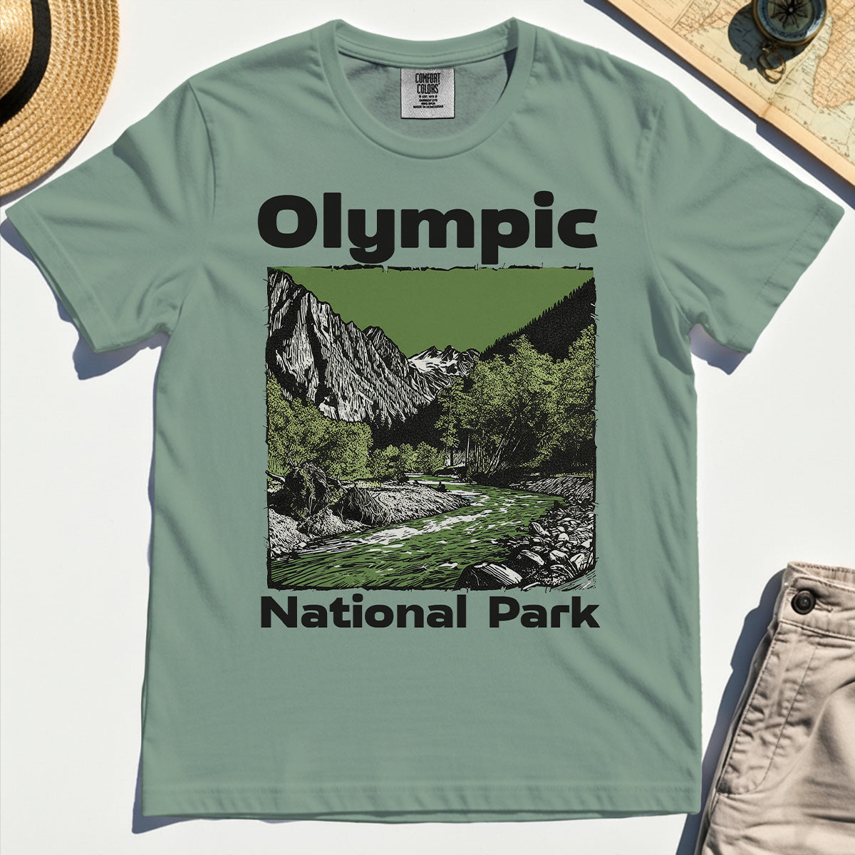 Olympic National Park Comfort Tee, Vintage Mountain River Scene Comfort Color Tee For Outdoor Adventure Campers 3