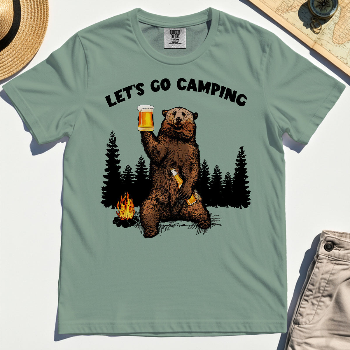 Let’s Go Camping Comfort Tee, Funny Beer Drinking Bear Graphic Comfort Color Tee For Outdoor & Camping Lovers 3