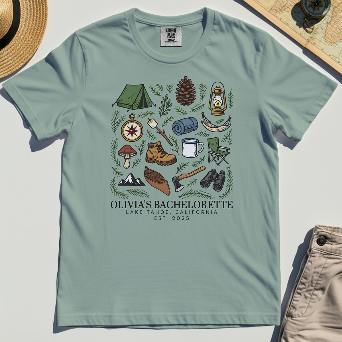 Bachelorette Camping Trip Comfort Tee, Bride Tribe Camping Trip Comfort Color Tees For Lake Tahoe 3
