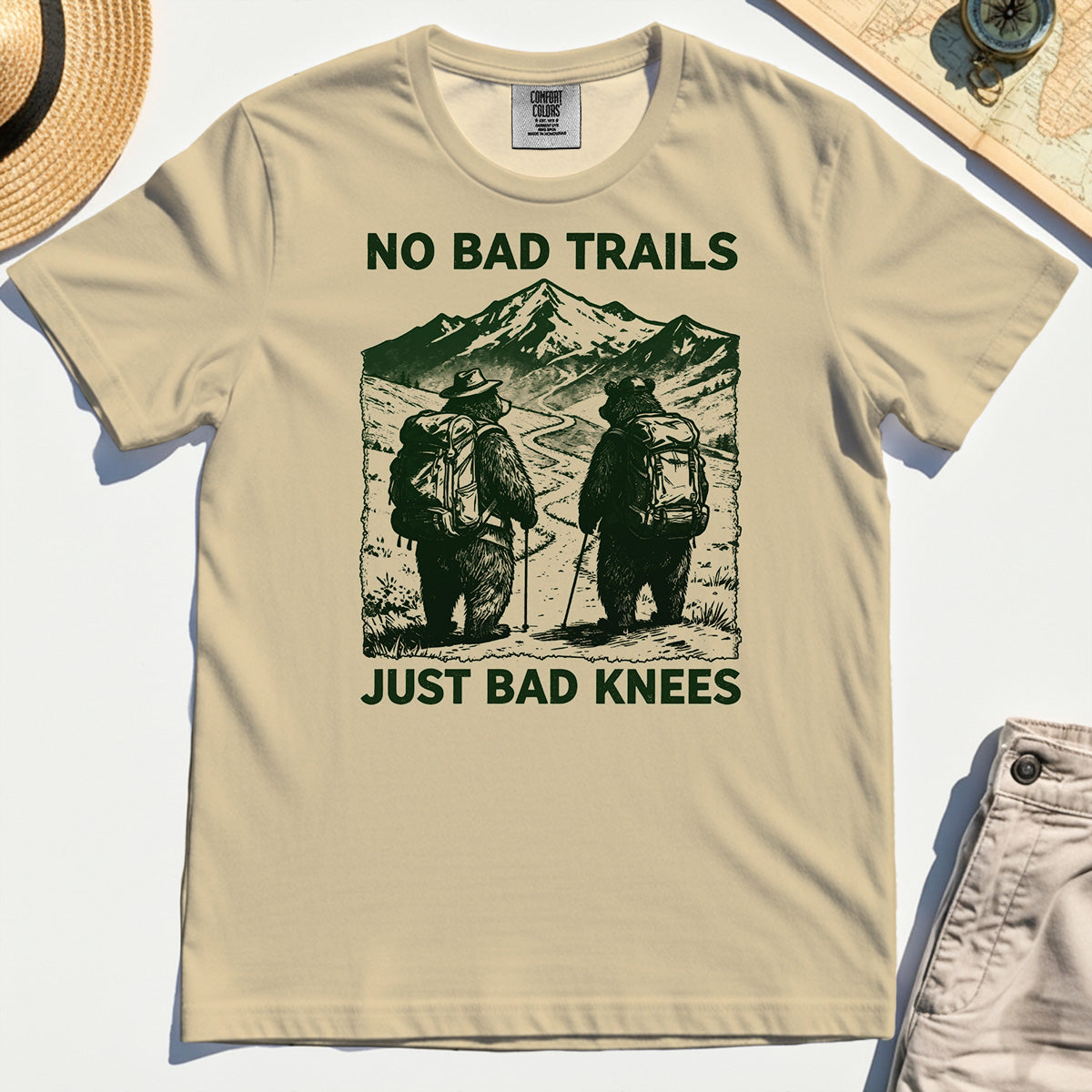 No Bad Trails Just Bad Knees Comfort Tee, Vintage Bear Backpacking Comfort Tees For Campers and Outdoor Enthusiasts 3